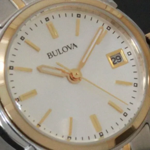 Bulova Women's Quartz Watch Two-Tone Case Silver Sunray Dial Date 26mm - Picture 12 of 13